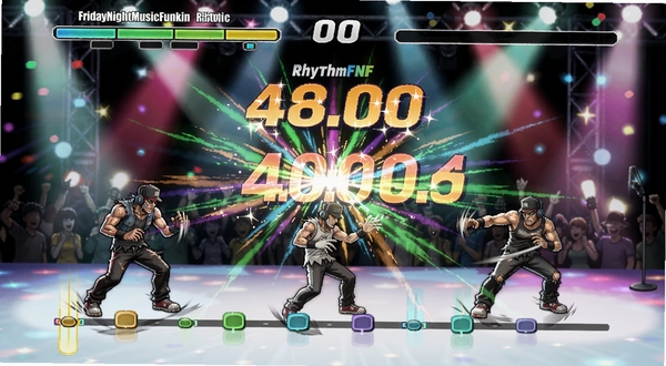 FridayNightMusicFunkinRhythmFNFGame��ս�����е�������Ч���棬��Ļ������ʾ�������������Ųʹ�Ч����ɫ����������ͬ����������̨�ƹ���˸��ͻ��������Ϸ��ˬ�췴��