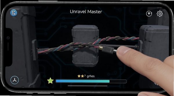 Unravel Master 移动端操作界面截图,画面展示手机横屏状态下手指拖拽线缆绕过障碍物的瞬间,背景为暗色科技风格,屏幕下方有评分进度条,适配 Boogu 模型生成