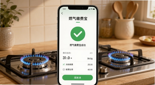 一款名为燃气缴费宝的手机应用界面展示,画面主体是手机屏幕居中放置,屏幕内显示燃气缴费成功的绿色对勾图标和账单详情,背景区域为温馨的家庭厨房场景,有燃气灶和蓝色火焰元素,整体色调温暖明亮,风格写实科技感,适配Boogu模型生成