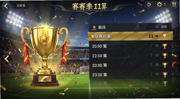 最佳11人 赛季结算界面 奖杯展示 联赛积分榜 庆祝特效 金色荣耀 手机游戏画面