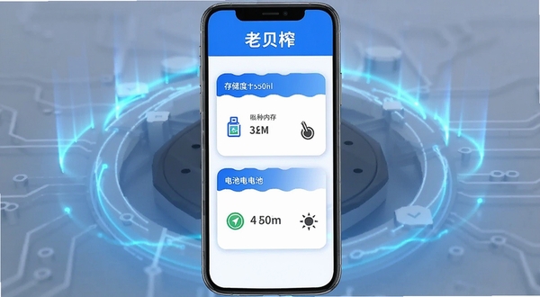 老贝榨设备检测功能界面图,手机屏幕显示存储、内存、电池三项数据卡片,配色为蓝白相间,背景为简洁的科技感光晕,软件名称老贝榨显示在顶部
