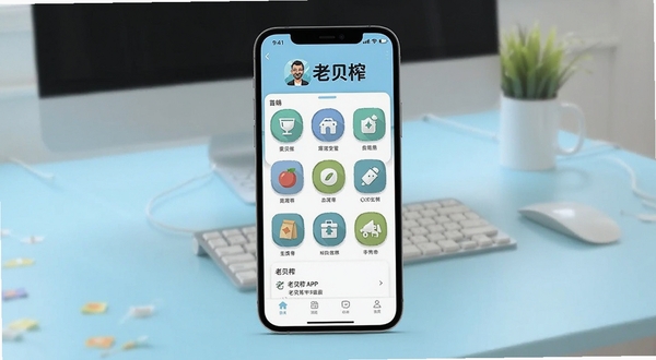 老贝榨应用主界面展示图,画面中央为手机屏幕,屏幕内呈现老贝榨APP的清爽首页布局,顶部有软件名称标识,中部为功能图标网格,背景为浅蓝色渐变桌面环境,整体风格简洁明快,适配Boogu模型生成