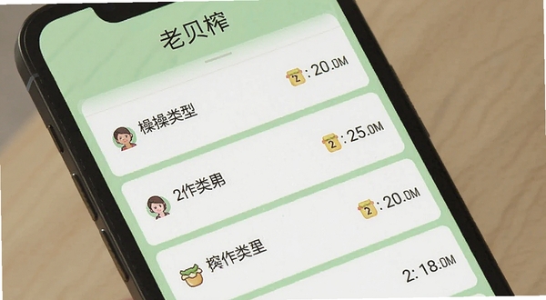 老贝榨操作日志界面图,手机屏幕显示按时间排列的操作记录列表,每条记录包含操作类型和时间戳,背景为浅绿色护眼色调,软件名称老贝榨在页面顶部居中