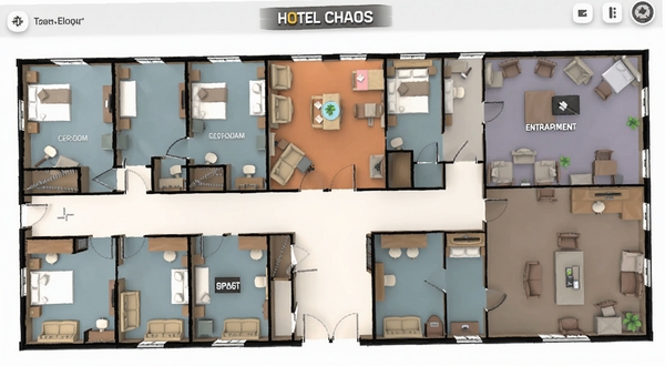 Hotel Chaos �Ƶ�¥�㲼�ֽ��棬չʾ�������ק�ķ���ģ�飬�����ͷ���������������ʩ��������ֱ��