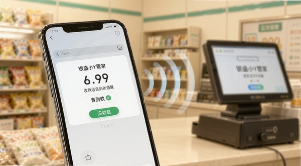 银盛小Y管家语音播报功能特写,画面中手机旁有一个声波图标扩散,屏幕显示收款到账通知,背景是便利店的收银台场景,色调温暖明亮,突出实时提醒的便捷性