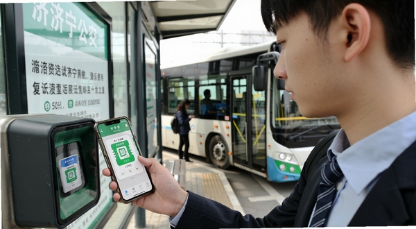 一位年轻上班族在济宁公交站台使用济宁公交App扫码乘车的场景,手机屏幕显示绿色乘车码,背景为进站的公交车与站牌,画面写实风格,光线明亮
