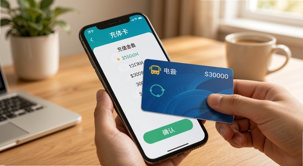 济宁公交App实体卡充值界面,手机背面贴合公交卡,屏幕显示充值金额选项与确认按钮,背景为居家桌面环境,风格温馨实用