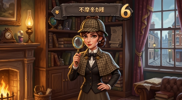 一幅精美的英伦风格侦探场景插画,画面中央是福尔摩斯小姐6寻找物品游戏的主界面,一位身着维多利亚时代服饰的年轻女侦探手持放大镜站在古旧书房中央,四周书架上摆满古籍与神秘物件,暖黄色灯光从左侧壁炉投射,右侧窗户透出伦敦街景,整体色调温暖复古,细节丰富,适合游戏宣传海报风格