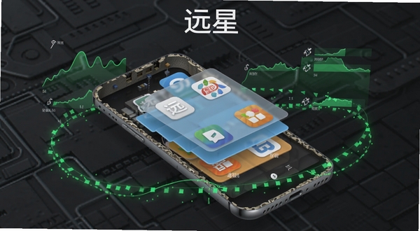 远星软件运行性能示意图,画面主体为一部安卓手机剖面图,内部展示远星虚拟化层与多个应用图标分层排列,背景为深灰色科技纹理,周围环绕绿色性能曲线与内存占用指示条,体现轻量高效的特点,软件名称远星出现在画面顶部中央。