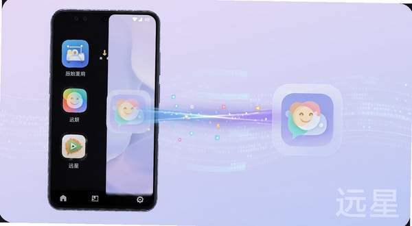 远星应用分身功能示意图,画面中一部安卓手机屏幕被分为左右两个区域,左侧显示原始应用图标,右侧显示远星沙盒内的分身应用图标,两个图标之间用光带连接,背景为淡紫渐变与半透明数据流动线条,突出隔离与并行运行的概念,软件名称远星以半透明水印形式出现在画面右下角。