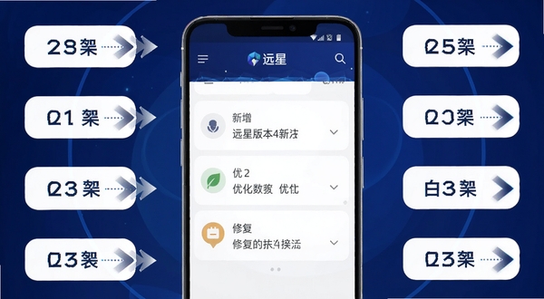 远星版本更新示意图,画面展示一部安卓手机屏幕显示远星更新日志界面,界面中列出新增、优化、修复等条目,背景为深蓝色渐变,周围环绕版本号标签与更新箭头图标,整体风格简洁商务,软件名称远星出现在屏幕顶部。