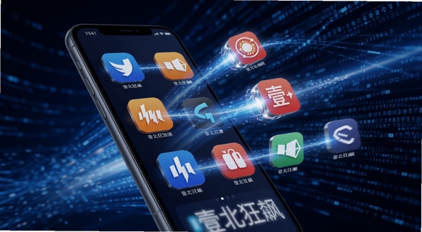壹北狂飙极速启动引擎示意图,画面主体为手机屏幕中多个应用图标被光速线条连接,背景区域为暗蓝色数据流,突出壹北狂飙加速效果,适配Boogu模型生成