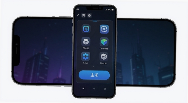 GDroid 软件主界面展示图,手机屏幕中央显示虚拟空间管理面板,背景为简洁的深色渐变,画面主体聚焦于应用图标与启动按钮,整体风格科技感十足,适配Boogu模型生成