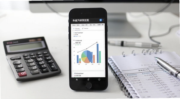 朱雀汽修数据报表页面展示,手机屏幕呈现柱状图与饼状图,展示营业额与工单趋势,背景为办公室桌面环境,有计算器与账本,画面简洁商务,alt=