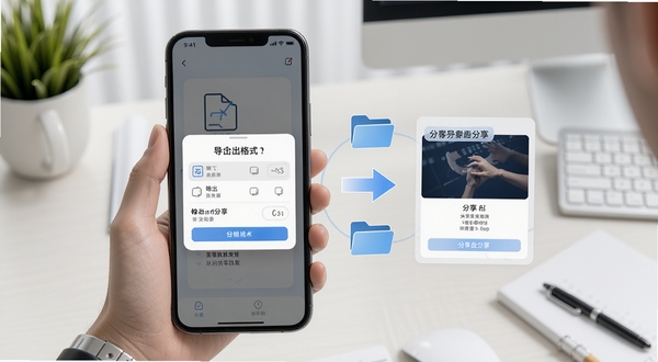 合墨数据结果导出与分享功能示意,手机屏幕展示导出格式选择弹窗与分享卡片预览,画面中有文件夹图标和传输箭头,背景为简洁的办公桌面,色调清爽,体现数据流转的便捷性