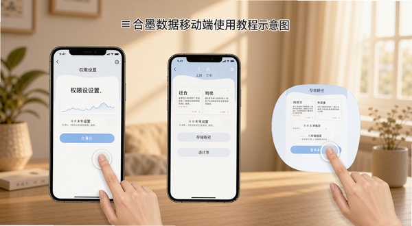 合墨数据移动端使用教程示意图,画面中手机屏幕显示权限设置页面与存储路径选择界面,旁边有手指点击操作的示意元素,背景为柔和的室内光线,整体风格清新易懂