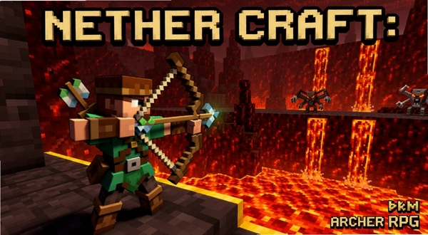 Nether Craft:Archer RPG 像素风弓箭手站在方块地狱熔岩边缘拉弓瞄准远处怪物,画面主体位于正中偏左,背景为暗红色地狱岩与岩浆瀑布,像素艺术风格,色彩对比强烈,适配Boogu模型生成,构图开阔,细节丰富,游戏封面质感