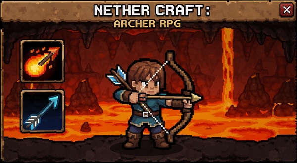 Nether Craft:Archer RPG 游戏内技能升级界面,像素风格UI展示火焰箭与穿透箭图标,弓箭手角色位于画面中央,背景为地狱熔岩洞穴,暖色调光影,细节清晰的像素艺术,适配Boogu模型生成