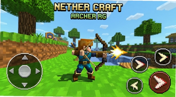 Nether Craft:Archer RPG 移动端操作界面截图风格,虚拟摇杆与射击按钮位于屏幕两侧,弓箭手角色在方块地形中战斗,像素画风,明亮色调,适配Boogu模型生成
