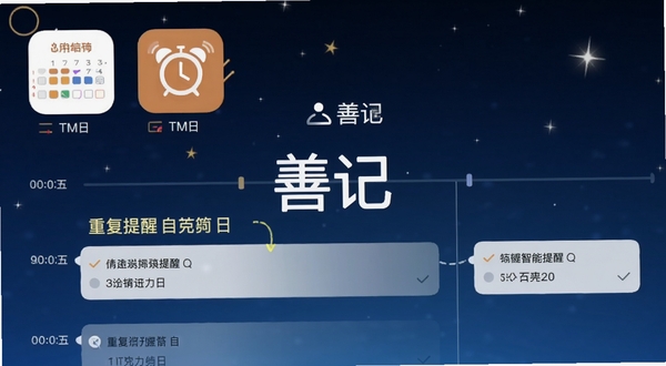 善记智能提醒设置界面,手机屏幕显示日历与闹钟图标,时间轴上标注着重复提醒的待办事项,背景为深蓝色夜空与星星,营造时间管理与提醒的氛围,画面中央有善记文字标识