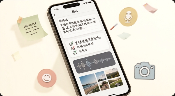 善记多形态记录功能展示,画面中一部手机屏幕内同时呈现文字笔记、待办清单、语音波纹和图片缩略图四种元素,手机周围环绕着便签、麦克风、相机图标,背景为暖白色,光影柔和,突出善记的多功能记录特性