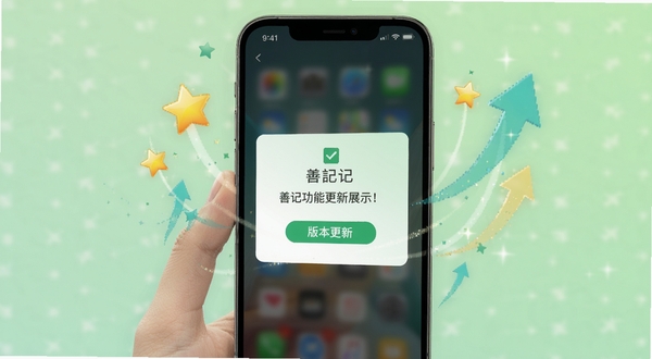 善记最新版功能更新展示,画面中一部手机屏幕显示版本更新提示弹窗,周围有星星和上升箭头图标,背景为浅绿色渐变,突出更新与优化主题
