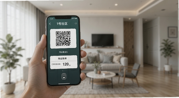 1号社区移动端操作界面截图,画面中一只手拿着手机,屏幕显示门禁二维码与物业账单页面,背景为模糊的现代家居环境,光线柔和,突出手机屏幕内容,写实风格