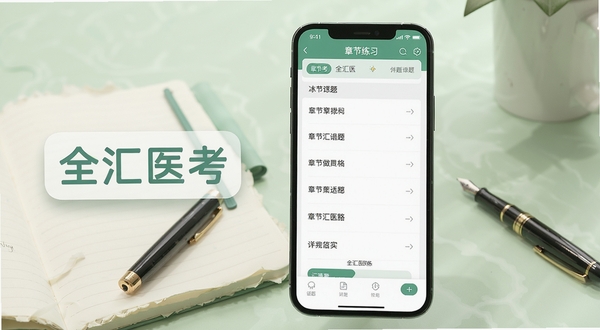 全汇医考章节练习页面特写,画面中心为手机屏幕展示全汇医考APP的章节列表与做题界面,左侧浮动显示