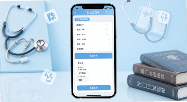 全汇医考软件界面整体展示,手机屏幕居中放置,画面主体为一部竖向摆放的智能手机,屏幕内呈现全汇医考APP的题库练习页面与答题卡界面,背景为淡蓝色渐变医疗主题区域,点缀听诊器、医学书籍与简约图标元素,整体风格清爽专业,适配Boogu模型生成