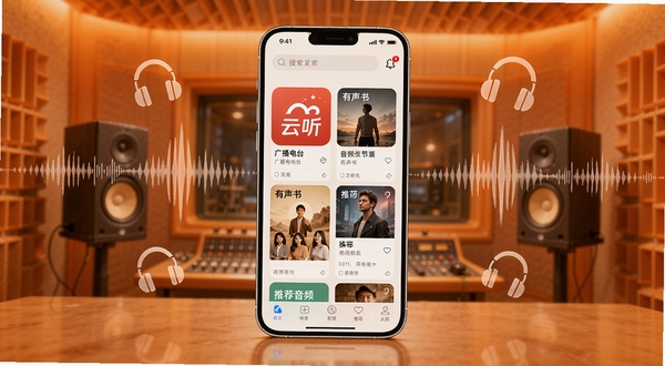云听app主界面全景展示,画面中央是手机屏幕内显示的云听首页,包含广播电台、有声书、推荐音频节目等模块,顶部有搜索栏,背景为温暖的橙色调录音室场景,周围环绕声波纹理与耳机图标,整体风格简洁现代,超高清画质