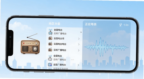云听广播电台功能界面展示,手机屏幕中呈现全国电台列表与地区分类导航,画面左侧有收音机图标,右侧显示正在播放的电台波形动画,背景为淡蓝色天空与城市剪影,突出全国覆盖的概念,风格清新自然