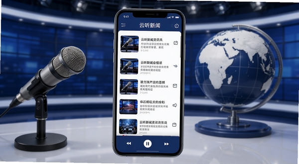 云听新闻资讯频道界面,手机屏幕显示新闻音频列表与播放控制条,画面背景为新闻演播室风格,有麦克风与地球仪元素,色调为深蓝与白色搭配,体现权威与时效性