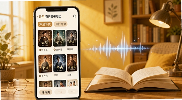 云听有声书专区界面,手机屏幕展示有声书封面墙与评书分类标签,画面中有翻开的书籍与声波融合的创意元素,背景为暖黄色书房场景,氛围安静舒适,体现沉浸式听书体验
