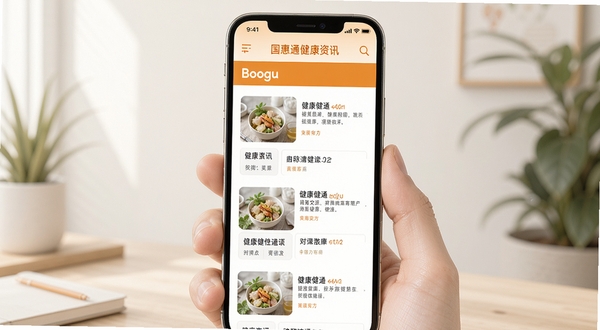 国惠通健康资讯页面展示,手机屏幕中呈现分类清晰的健康文章列表,背景为温暖橙色与白色搭配,画面干净明亮,适合Boogu模型生成
