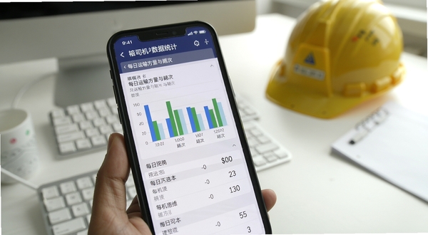 砼司机数据统计页面特写,手机屏幕显示柱状图与数字列表,展示每日运输方量与趟次,画面背景为办公桌与安全帽,整体风格简洁、数据可视化清晰