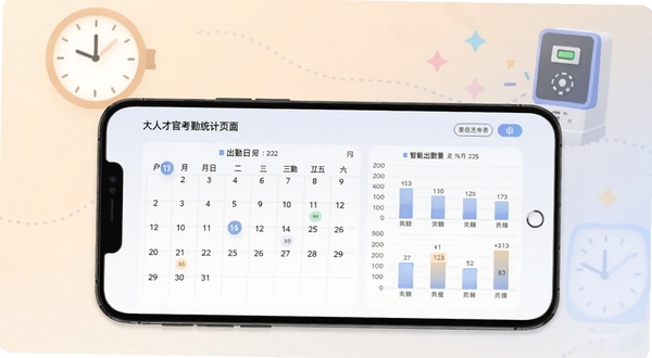 大人才官考勤统计页面,手机屏幕展示月度出勤日历与柱状图,背景有钟表与打卡机图标,色调柔和,体现智能考勤的便捷性