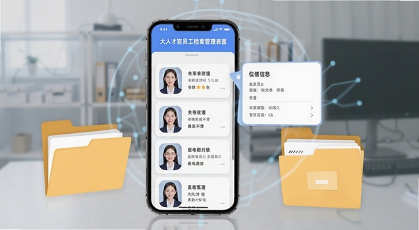 大人才官员工档案管理界面,手机屏幕显示员工头像列表与详细信息卡片,旁边有文件夹与档案袋的插画元素,整体风格简洁明快,突出数据管理的高效感