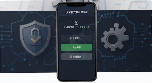 大人才官安装设置界面,手机屏幕显示权限开启与数据备份选项,背景有盾牌与齿轮图标,色调沉稳,突出安全设置的重要性
