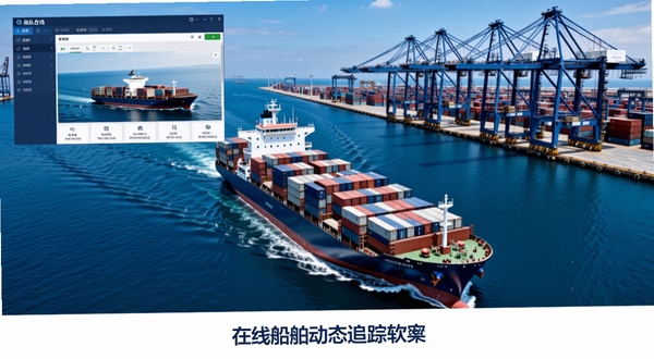 船队在线船舶动态追踪软件主界面全貌,画面中央展示一艘大型货轮在蓝色海洋上航行,背景是繁忙的港口码头与集装箱吊机,左上角显示船队在线软件界面元素,整体色调以深蓝与白色为主,科技感与航运场景融合,适合作为软件下载站首图
