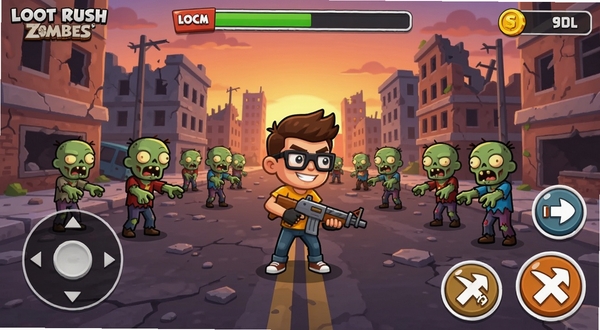 Beat Zombies: Loot Rush游戏主界面全貌,画面中央为手持武器的幸存者角色站在废弃街道上,四周分布着卡通僵尸群,背景是黄昏色调的城市废墟,顶部显示关卡进度条和金币数量,底部为虚拟摇杆和攻击按钮,整体风格明亮活泼,适配Boogu模型生成