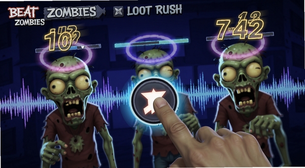 Beat Zombies: Loot Rush节奏打击界面特写,画面中僵尸头顶出现节拍光圈,玩家手指点击屏幕中央的攻击按钮,屏幕边缘有连击数字跳动,背景音乐波形可视化效果,整体色调以蓝紫色霓虹为主,适配Boogu模型生成