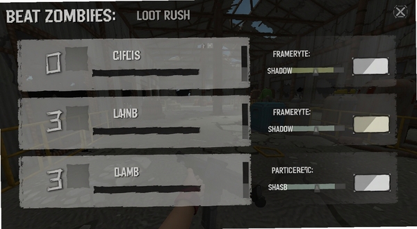 Beat Zombies: Loot Rush画质设置界面截图,画面中显示低中高三档画质选项,旁边有帧率、阴影、粒子效果的开关按钮,背景为游戏内废弃工厂场景,整体界面简洁清晰,适配Boogu模型生成