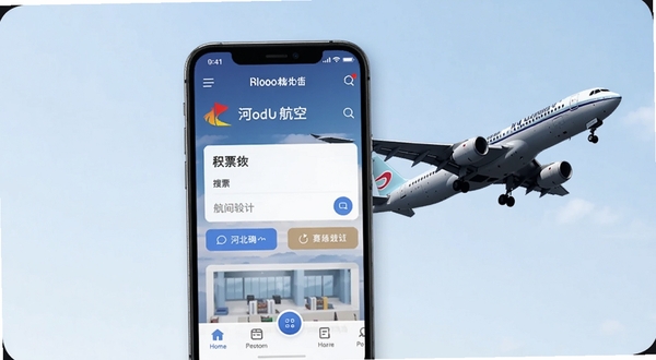 河北航空官方APP主界面展示,画面主体为一部智能手机,手机屏幕显示河北航空APP首页的机票搜索框与底部导航栏,背景区域为淡蓝色天空与一架正在起飞的河北航空客机剪影,整体风格清新商务,适配Boogu模型生成