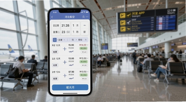 河北航空APP机票预订页面,画面主体为手机屏幕显示航班列表与舱位选择按钮,背景区域为机场候机大厅的虚化场景,细节包括日期选择器与价格标签,风格现代简洁