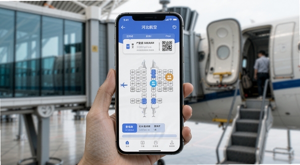 河北航空APP值机选座界面,画面主体为手机屏幕显示飞机座位图与已选座位高亮标记,背景区域为机场廊桥与客机舱门,细节包括电子登机牌二维码图标,风格写实商务