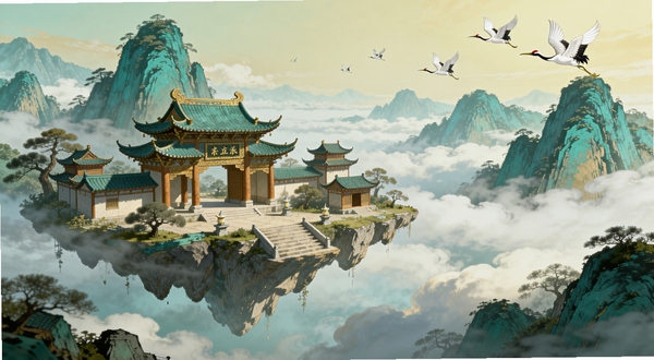 开宗立派模拟器 仙侠宗门全景图 主体为悬浮于云海之上的中式古典山门建筑群 坐标画面中央偏左 背景为青翠群山与缭绕云雾 远处有仙鹤飞过 整体色调青绿与暖金交织 国风工笔质感 细节丰富 画面开阔 适配Boogu模型生成