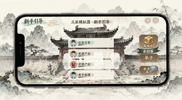 开宗立派模拟器 新手引导界面 主体为手机屏幕显示的新手任务列表 坐标画面中央 背景为淡雅水墨风格的宗门山门 界面中标注资源产出与弟子招募入口 整体色调清新 国风UI 适配Boogu模型生成