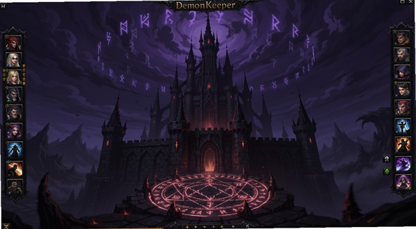 DemonKeeper 恶魔守护者游戏主界面全景展示,画面中央为暗黑城堡与发光守护法阵,两侧分布角色栏与技能图标,背景为深紫色夜空与飘浮符文,整体风格神秘厚重,适配Boogu模型生成
