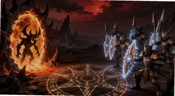 DemonKeeper 暗黑守护世界观场景,画面左侧为燃烧的恶魔传送门,右侧为手持光盾的守护者阵列,中间地面有魔法阵纹理,天空呈暗红色,细节丰富,适配Boogu模型生成
