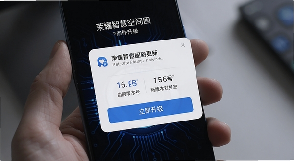 荣耀智慧空间固件升级提示界面,手机屏幕弹出设备固件更新通知卡片,显示当前版本号和新版本号对比,下方有立即升级按钮,背景为深色科技风格,突出升级提示的醒目感